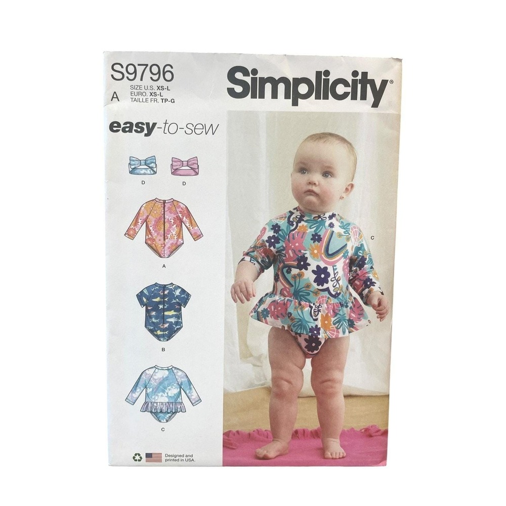 Simplicity Sewing Pattern S9796 Baby XS-L Rash Guard Swimsuit Headband Ruffle